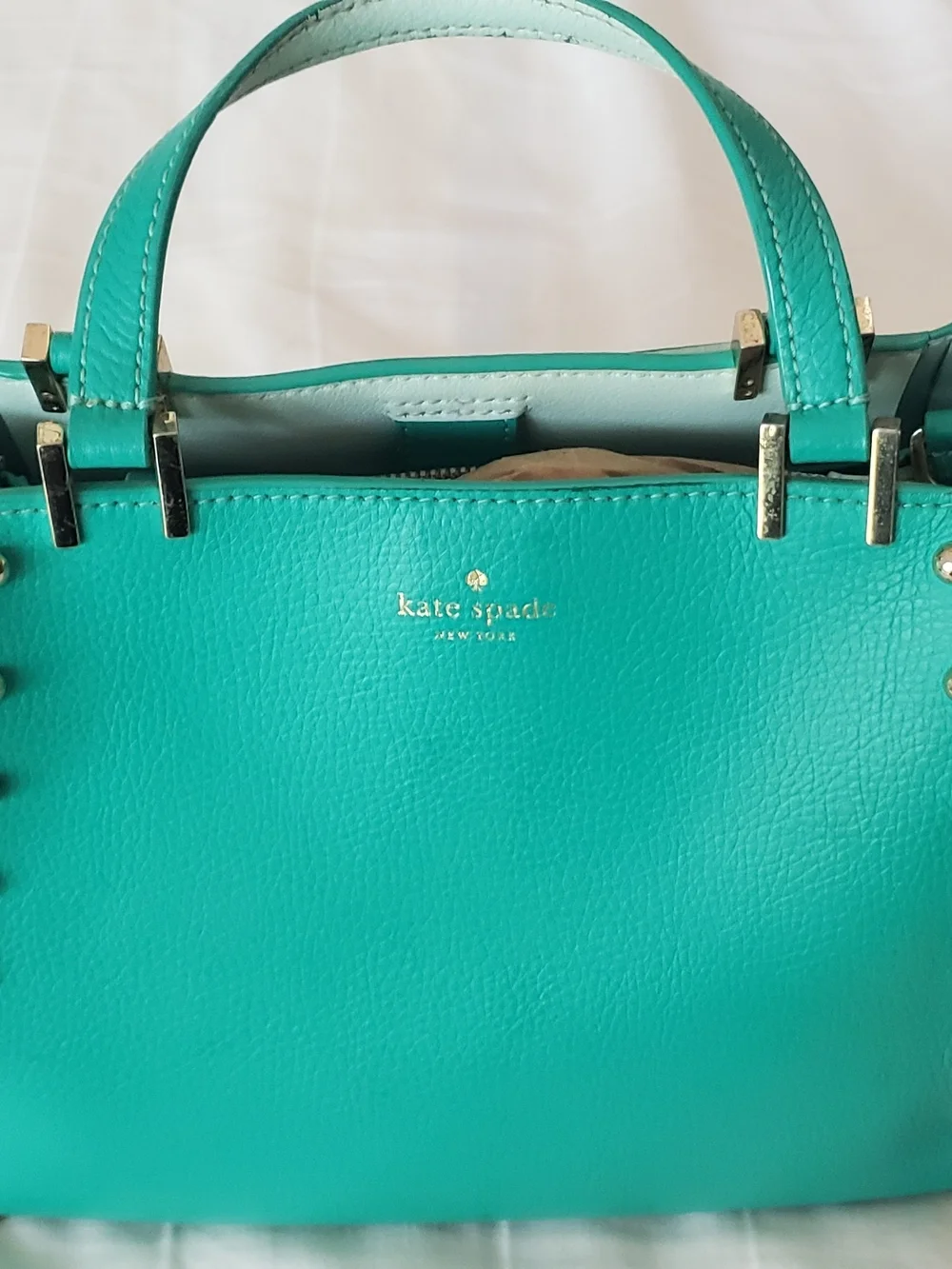 kate spade turquoise pebbled leather satchel with gold hardware